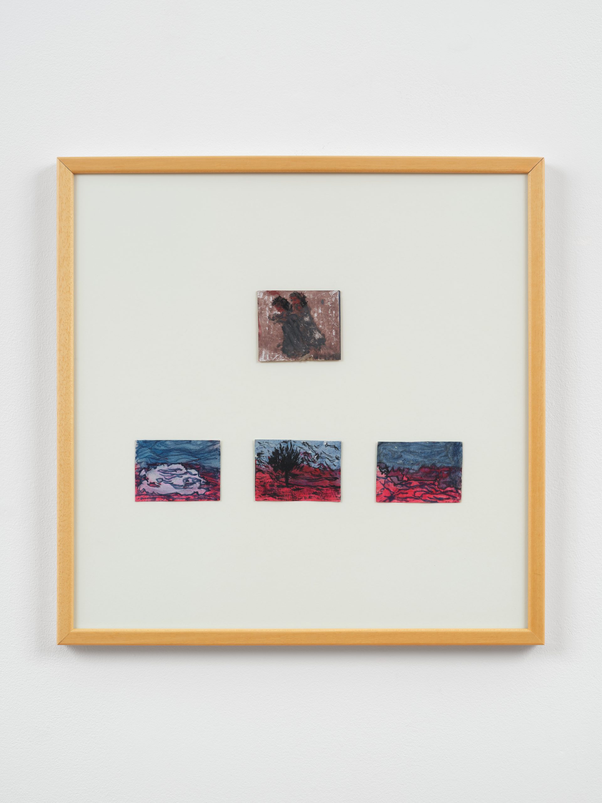 Framed mixed media work on paper. The negative space occupies most of the frame. small cropped illustrations in rectangular shapes float, creating an interesting composition that feels fragmented but in conversation