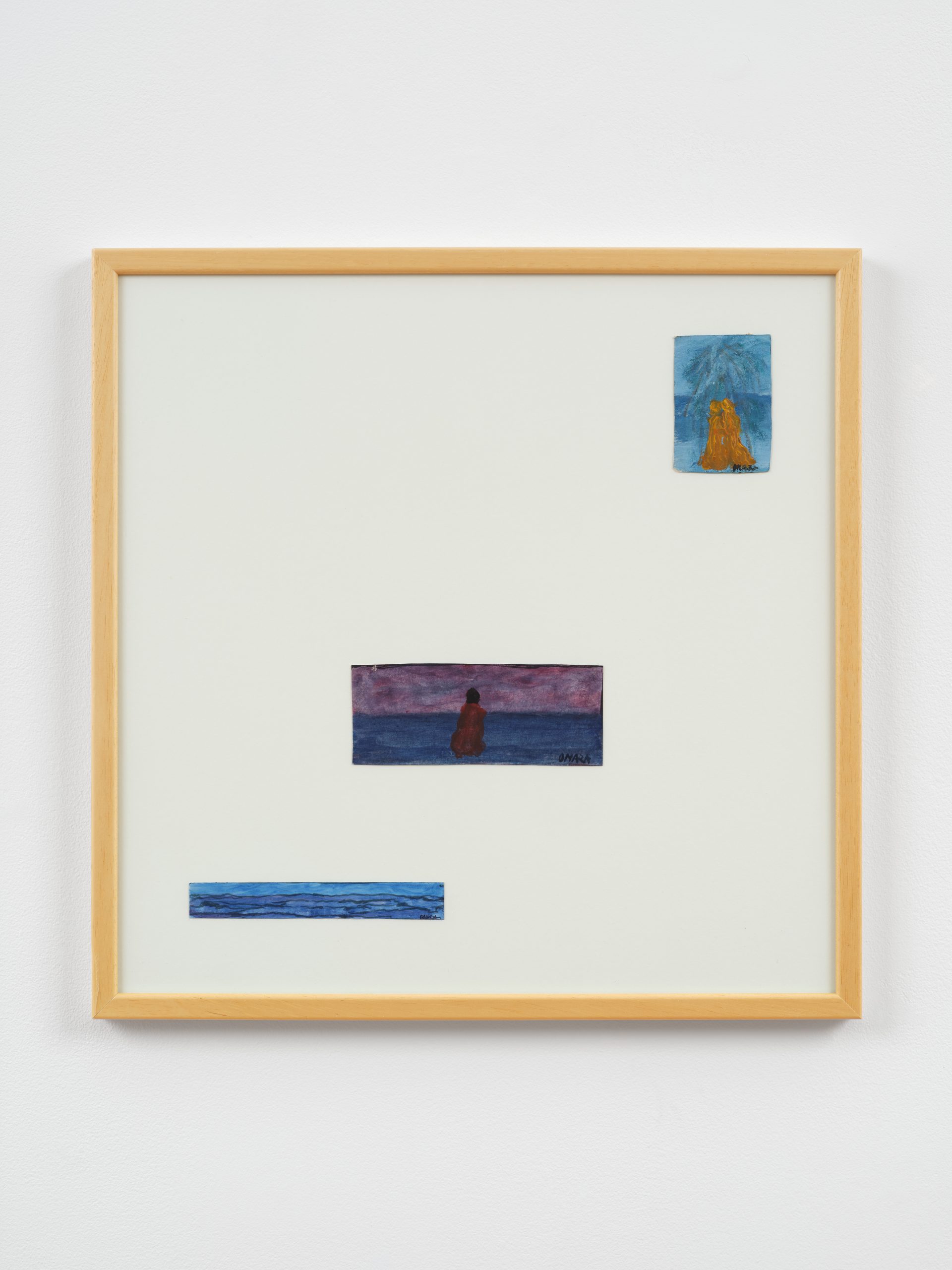 Framed mixed media work on paper. The negative space occupies most of the frame. small cropped illustrations in rectangular shapes float, creating an interesting composition that feels fragmented but in conversation