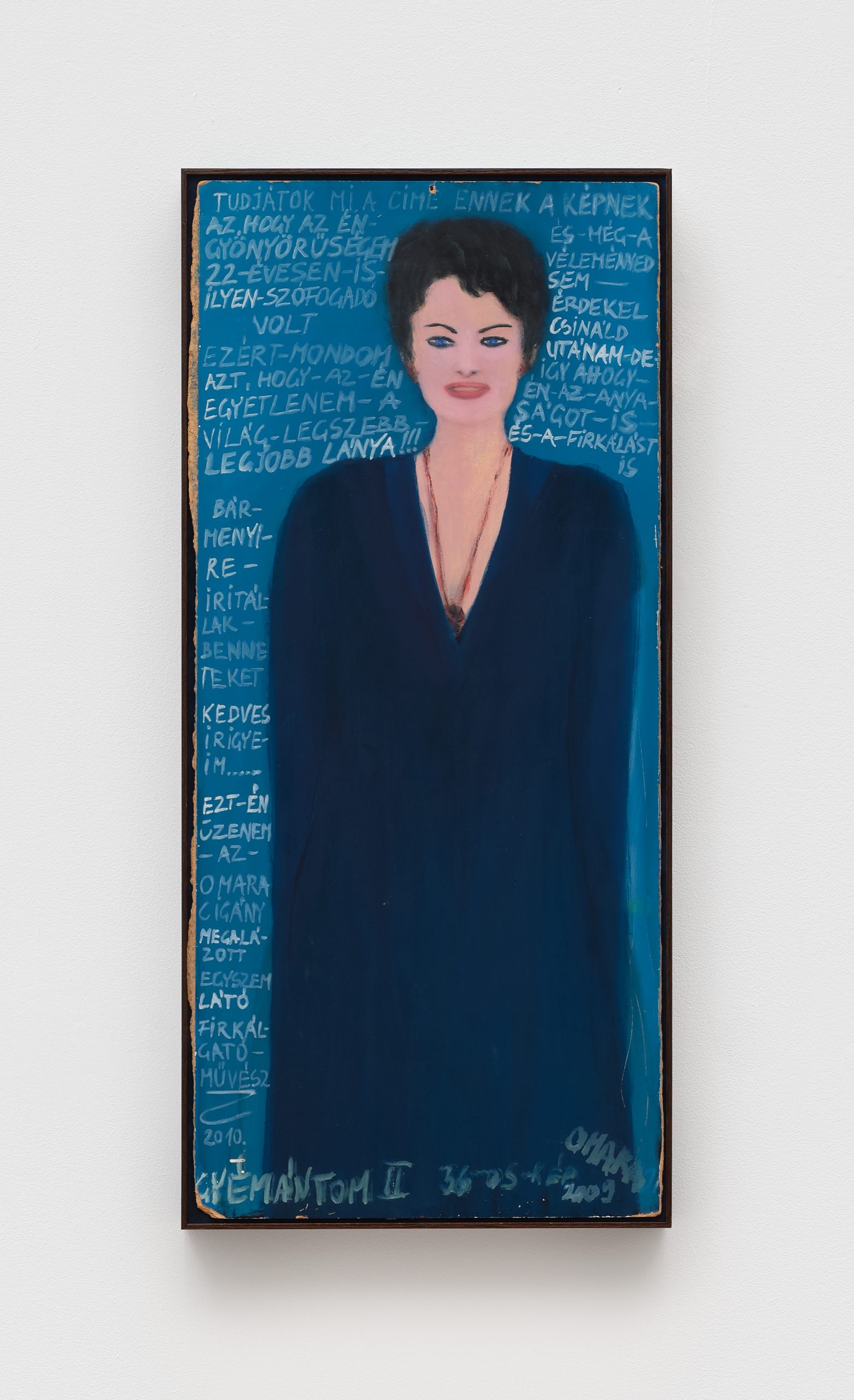 Omara Mara Oláh painting. blue background with text in white. centered figure wearing blue dress, frontal.