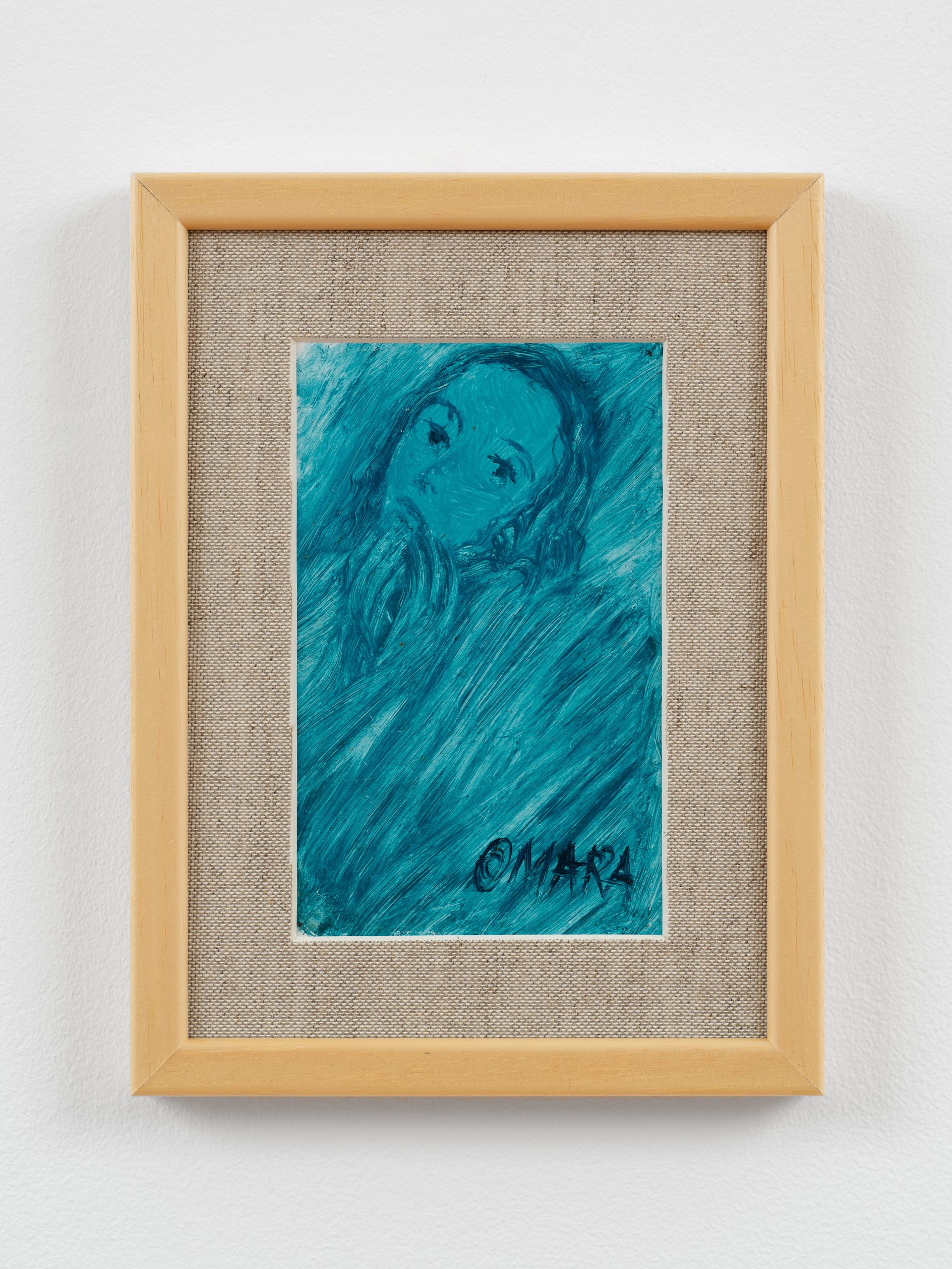 Omara Mara Oláh painting, blue portrait in movement, smooth strokes and warm blues. toned down. Framed.Mixed media on cardboard
