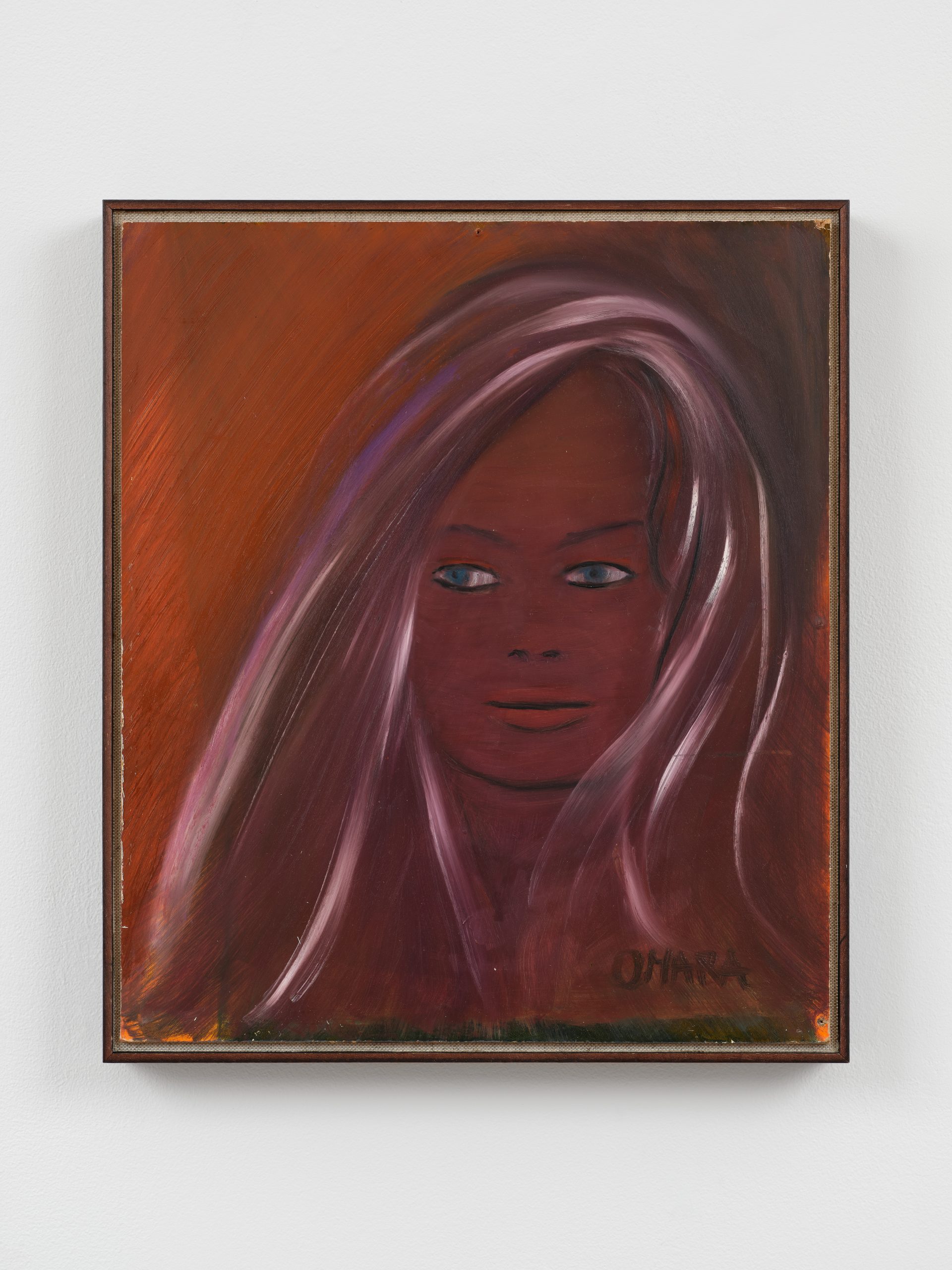 Omara Mara Oláh painting, portrait looking to the left, smooth strokes cool and warm brick tones, brown, orange, pink, white eyes. Framed.