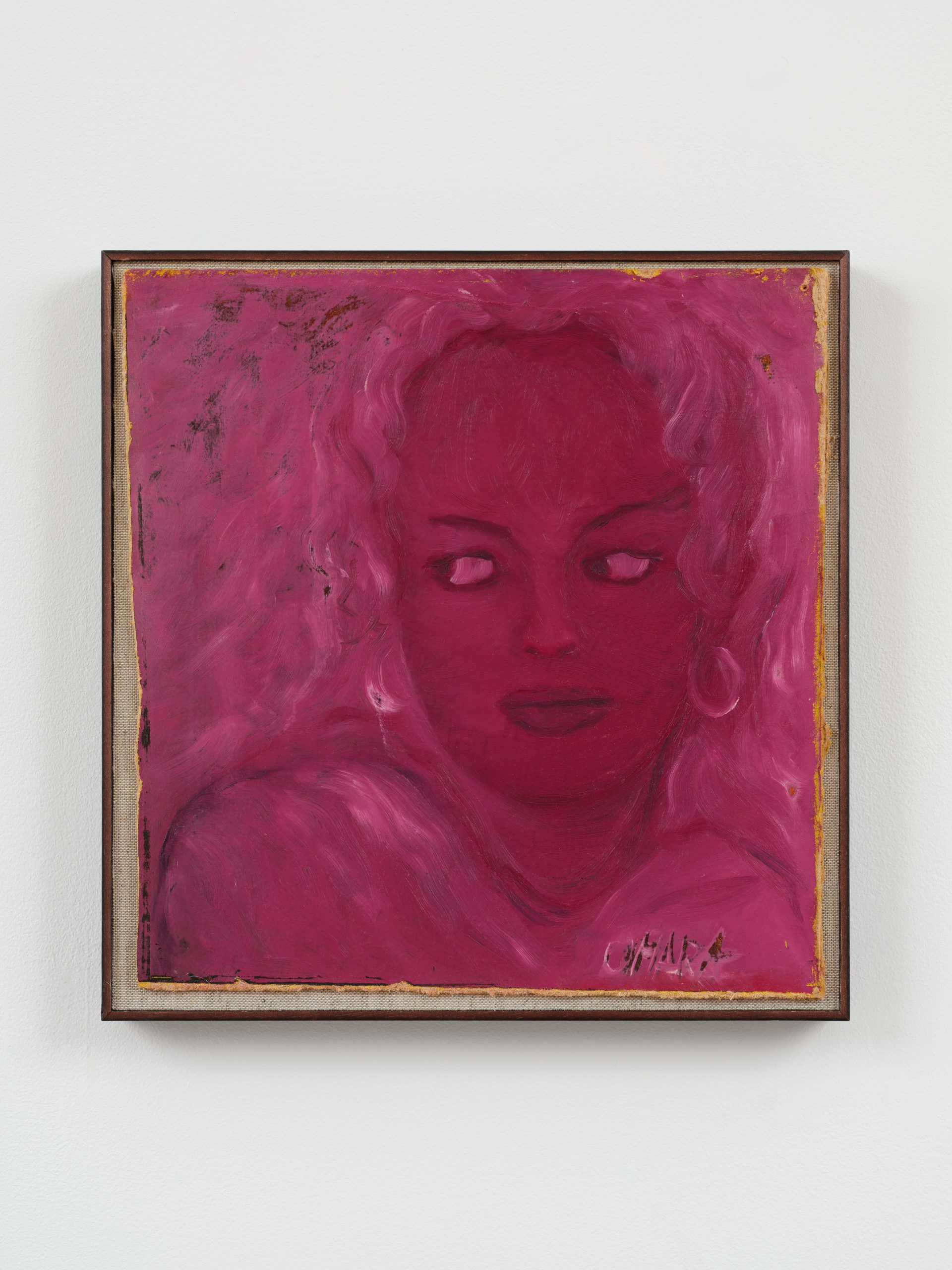 Omara Mara Oláh painting, low contrast painting in pink. looking to the left, cropped in portrait, woman with curly hair. Framed.