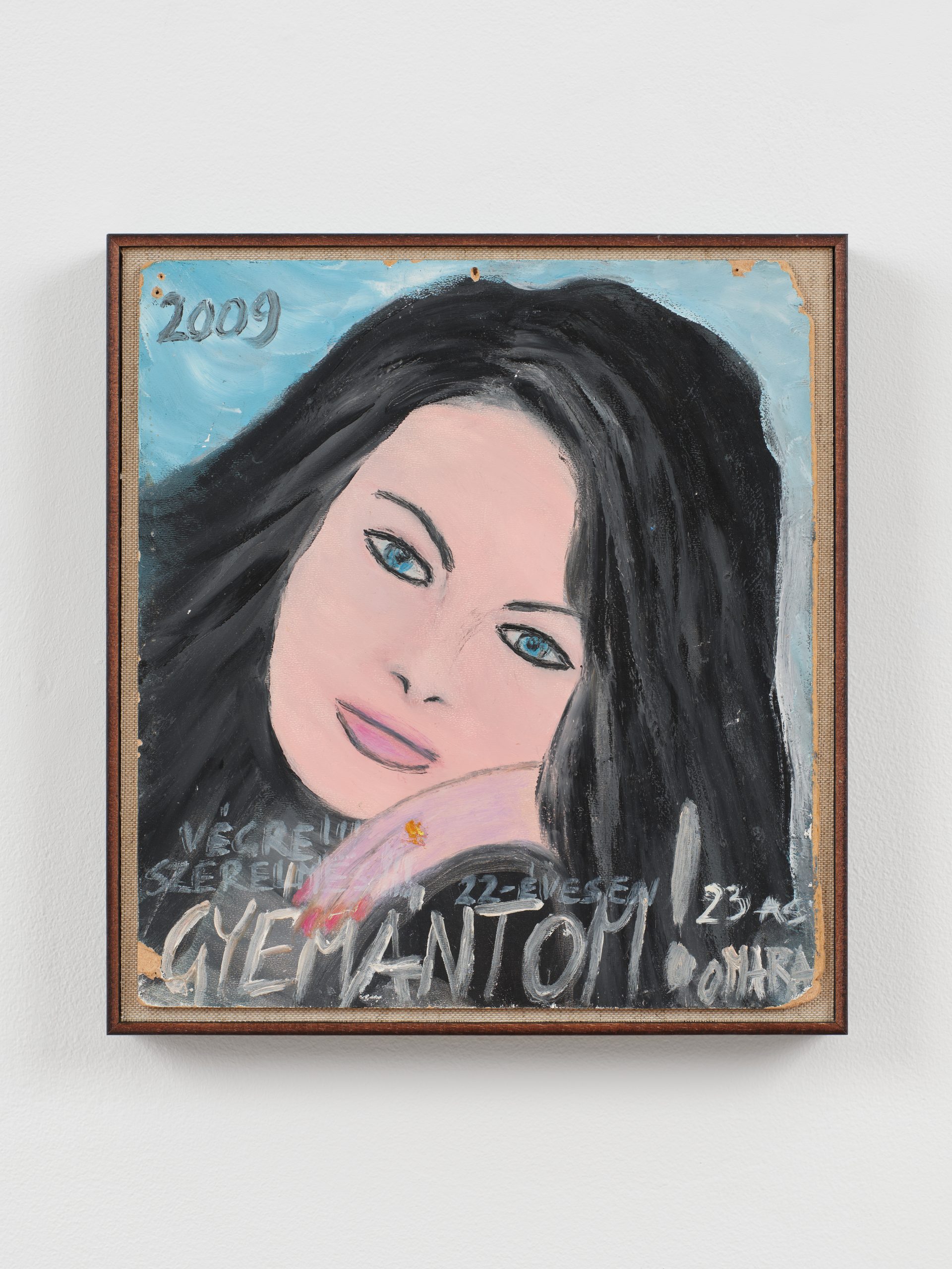 Omara Mara Oláh painting. light blue background with text in bottom. centered figure , baby pink features and piercing eyes, frontal portrait hand framing face softly.