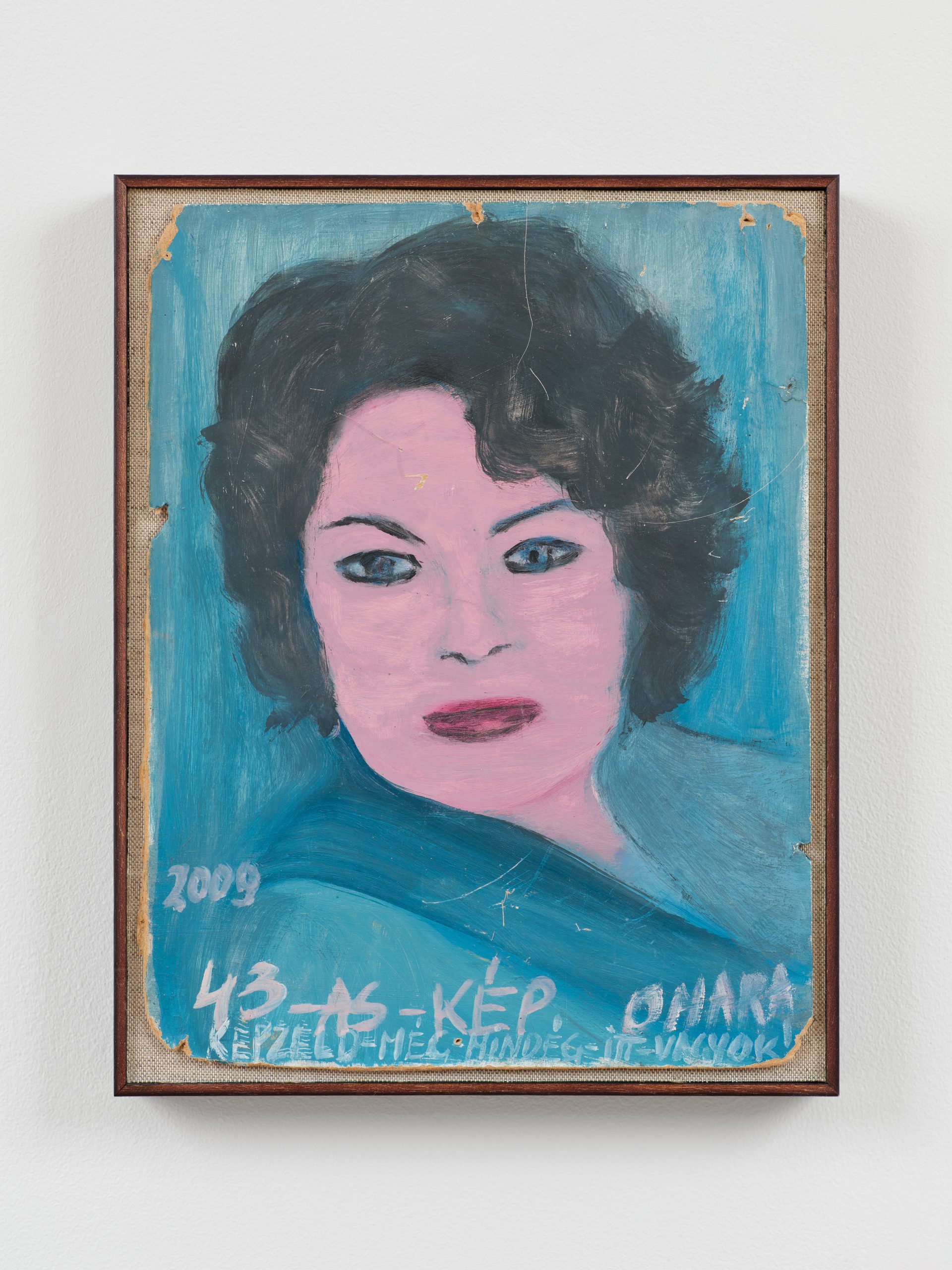 Omara Mara Oláh painting. blue background with text in bottom. centered figure , baby pink features, wearing light blue dress, frontal, 3/4 body pose cropped in.