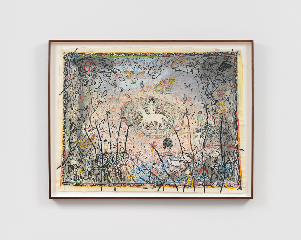 figure on a horse in the middle of a landscape