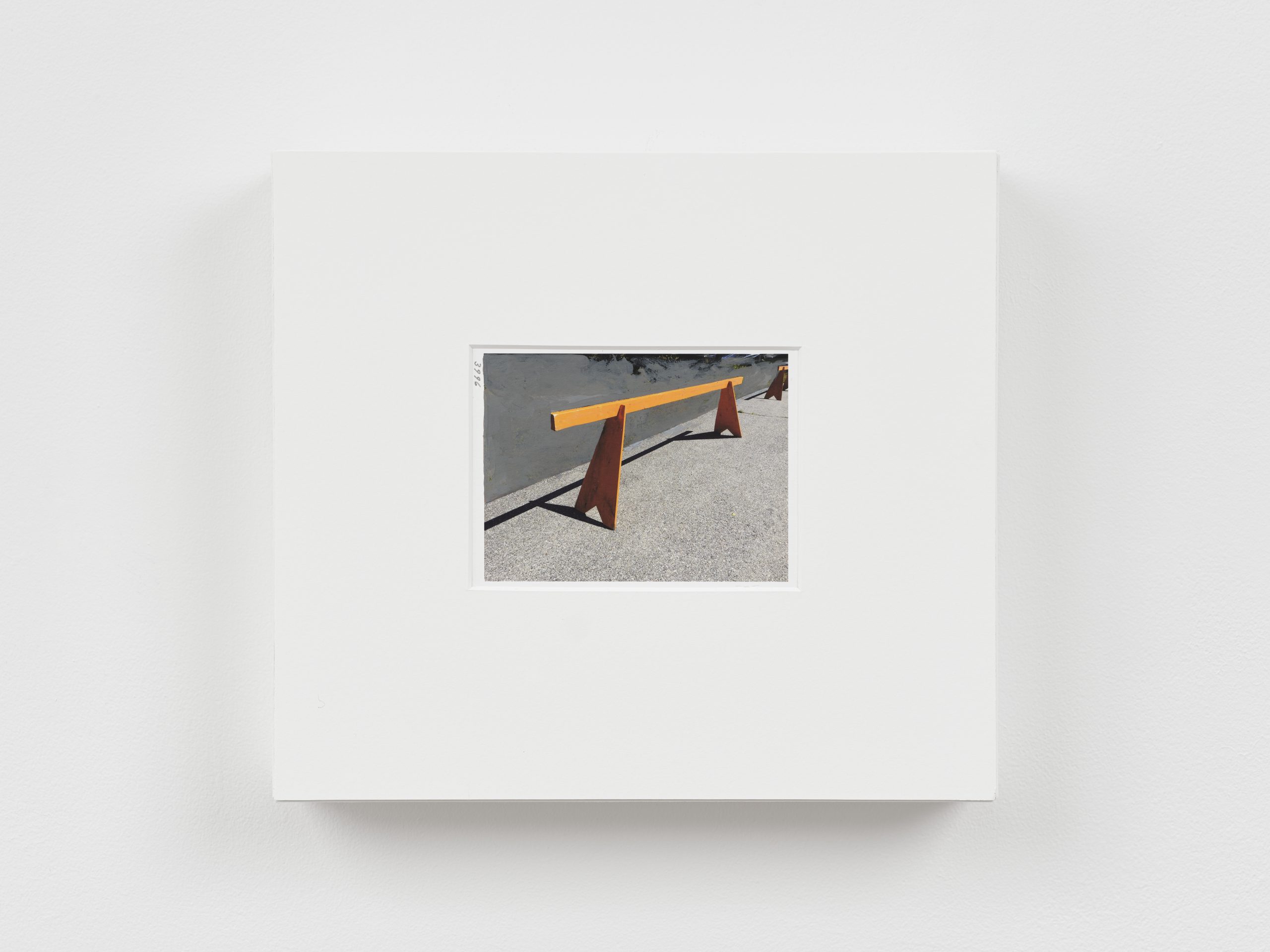 photograph of street sawhorse barricade intervened, mounted on white board