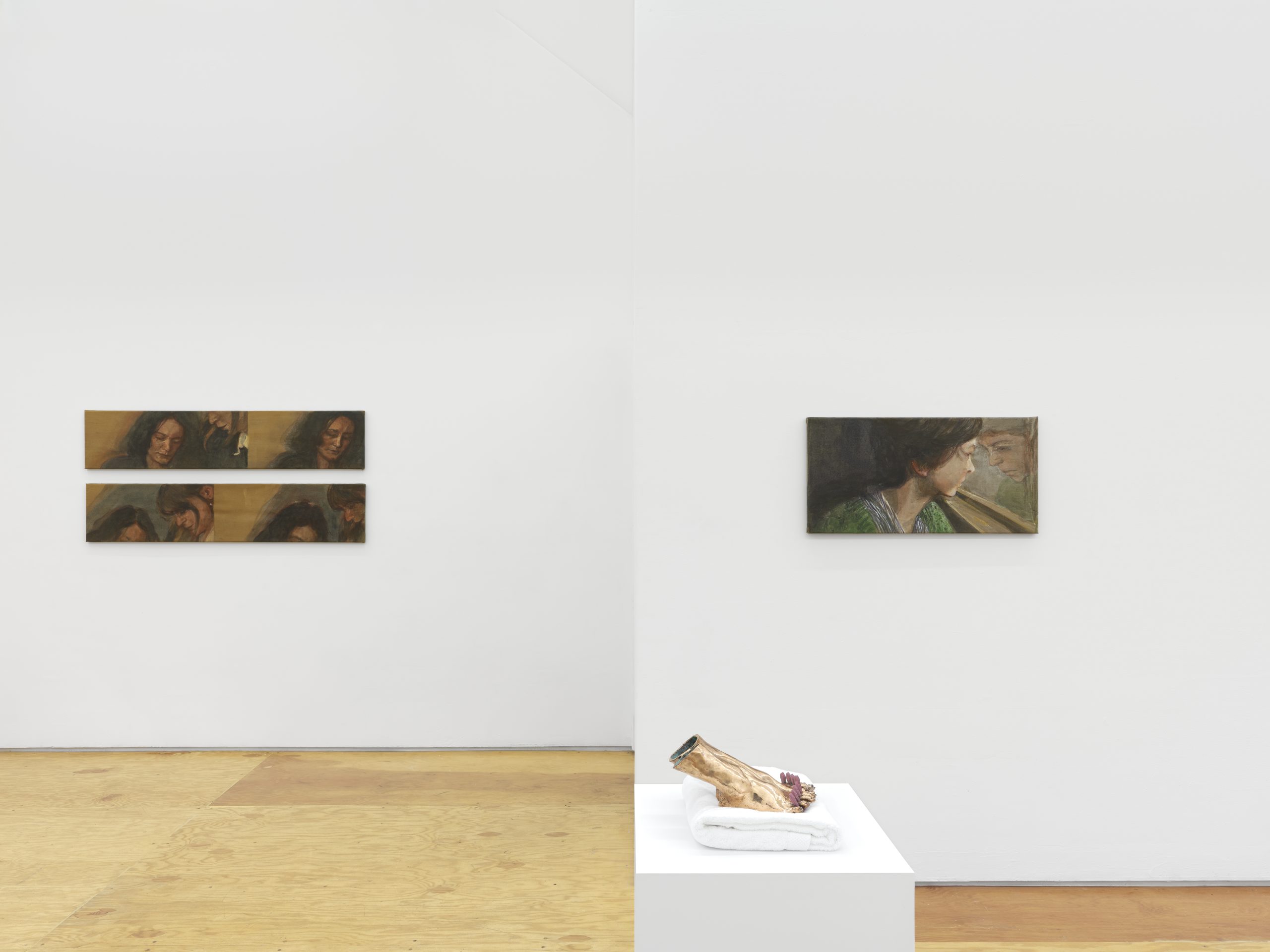Kuu Maa exhibition installation view showing Cécile Lempert 2 paintings, and Man Yau sculpture on pedestal
