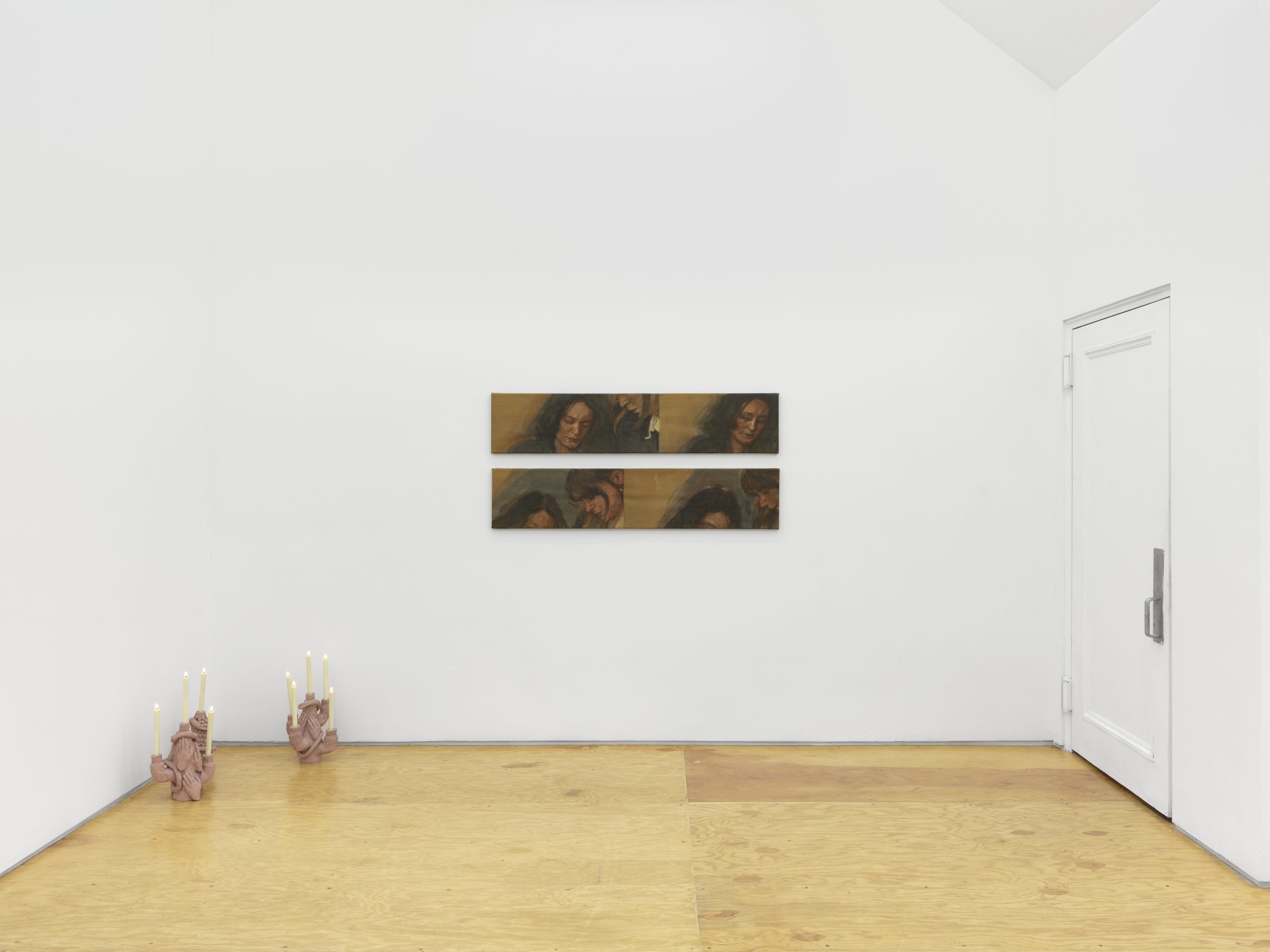 Kuu Maa exhibition installation view showing back right corner from a frontal view, showing Cecile Lempert Painting and Edith Karlson sculptures on the ground
