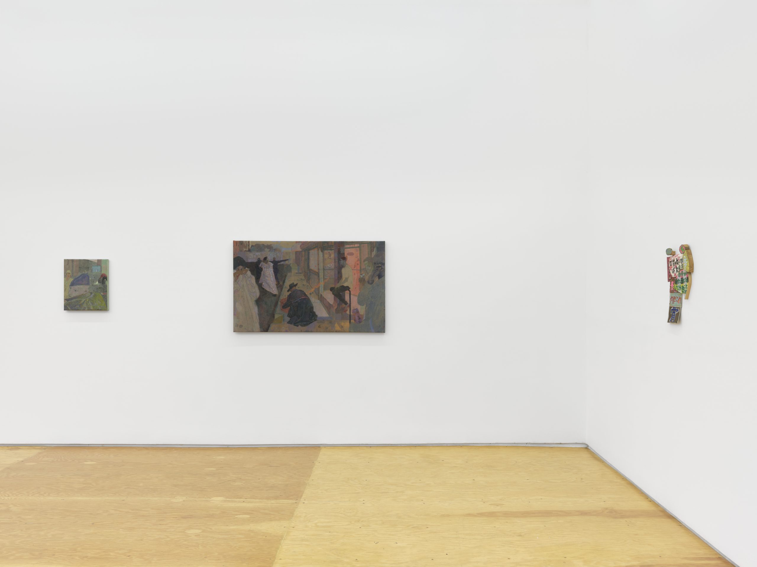 Kuu Maa exhibition installation view showing Sasha Brodsky paintings frontal and Miho Dohi side view.