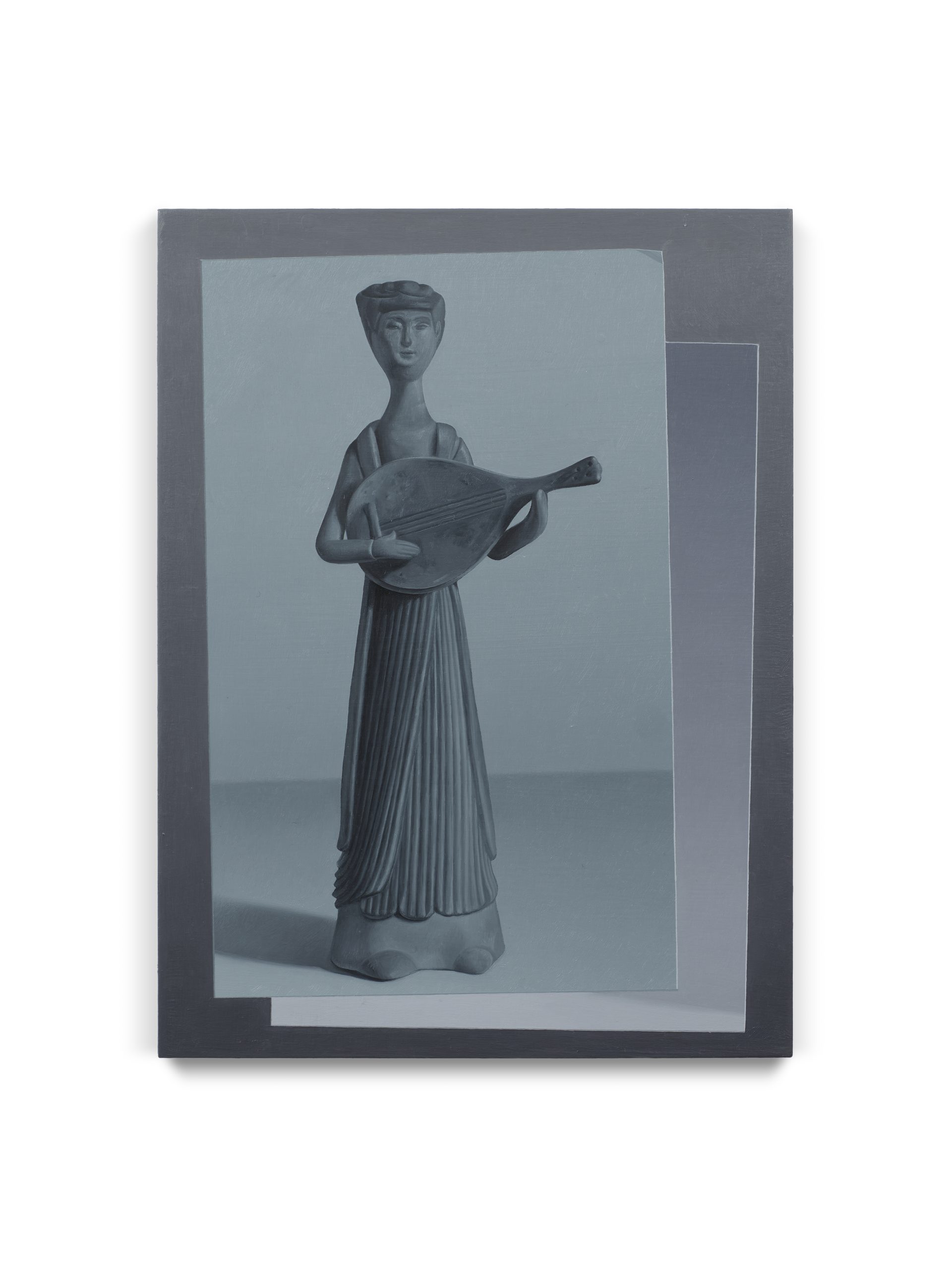 Olivia Jia trompe l'oeil page painting of earthenware statuette of a musician
