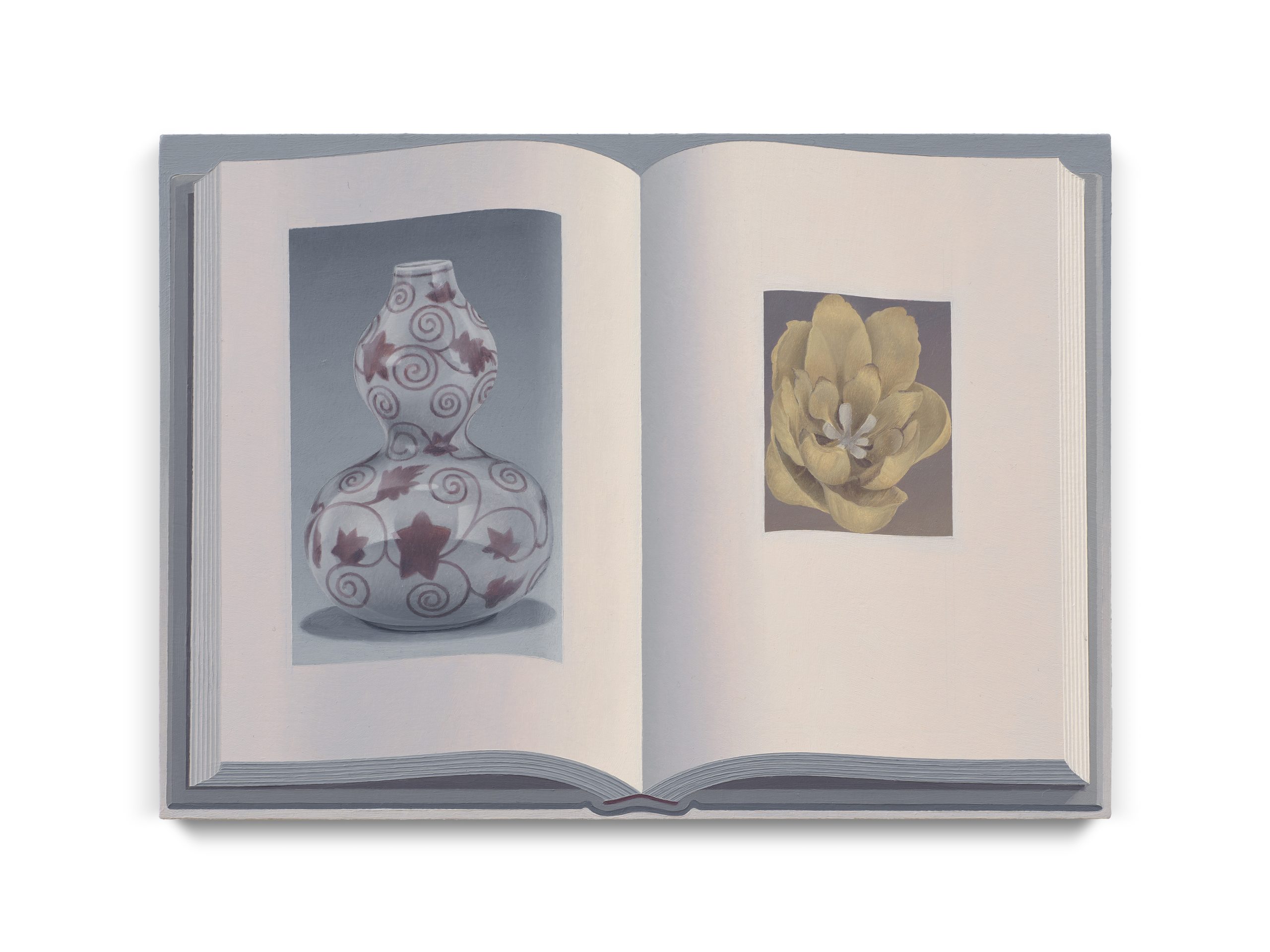 Olivia Jia trompe l'oeil open book painting of gourd vase with copper glaze, wax plum.