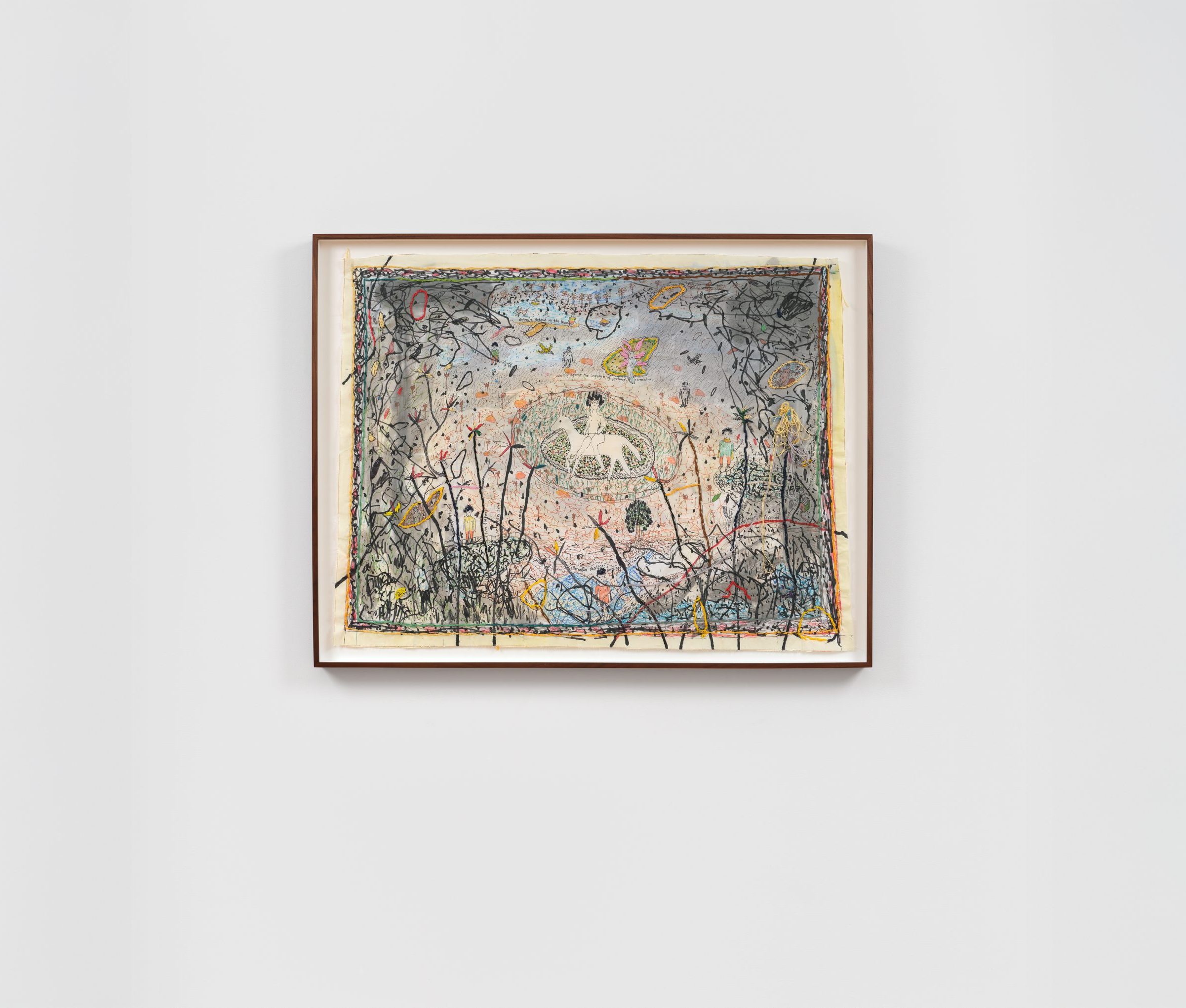 Brian Dawn Chalkley, pillowcase painting, figure on a horse in the middle of a landscape