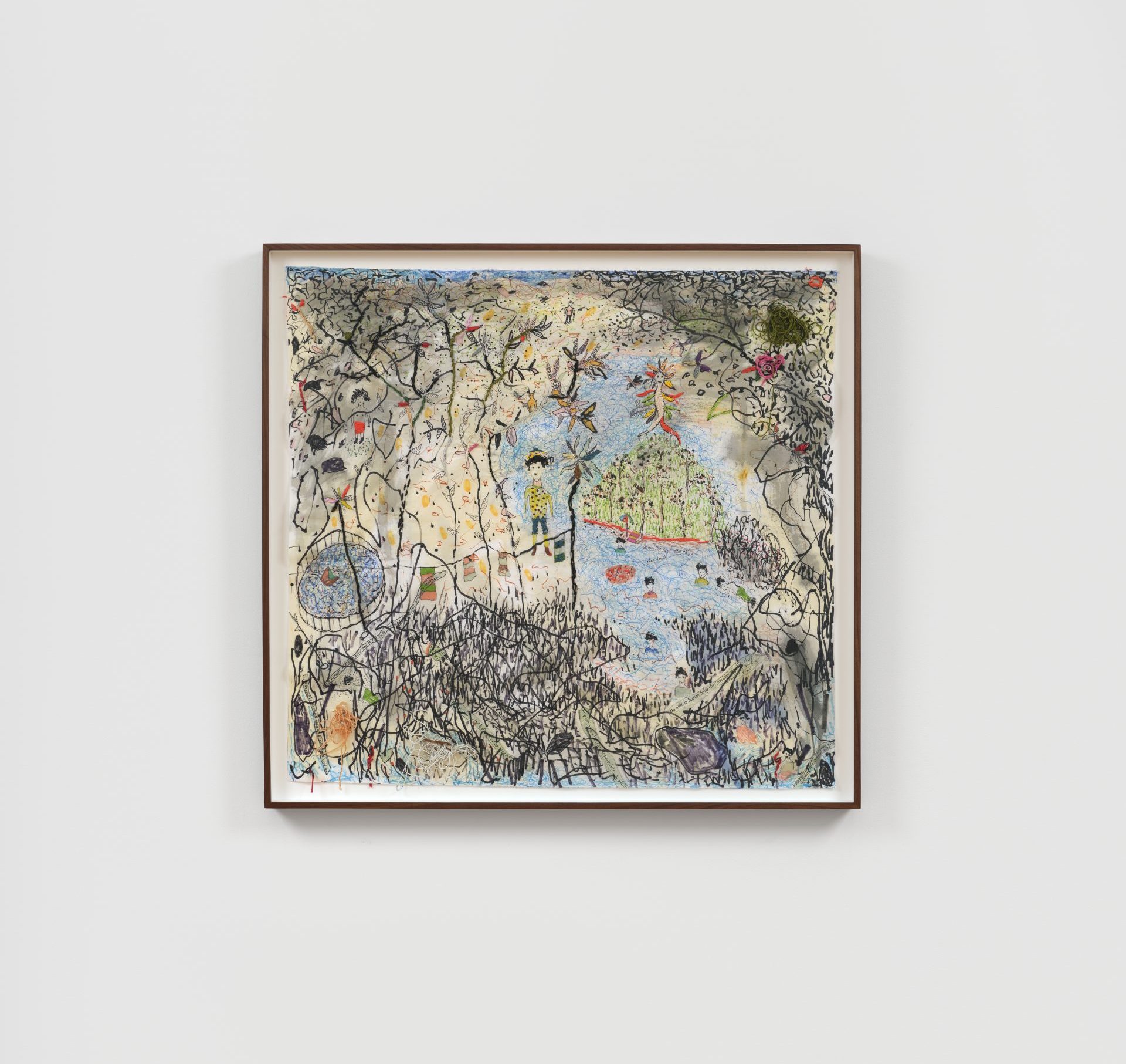 Brian Dawn Chalkley, pillowcase painting, figure by lake in the center of a dreamlike landscape, colorful, with embroidery and hidden text