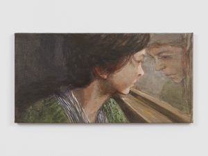 Painting by Cécile Lempert. Portrait of person looking at self reflection in mirror while looking outside