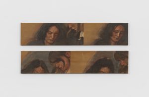 Painting by Cécile Lempert. Diptych, double portrait moving between the same scene, variations in cropping and gestures, like fleeting moment.