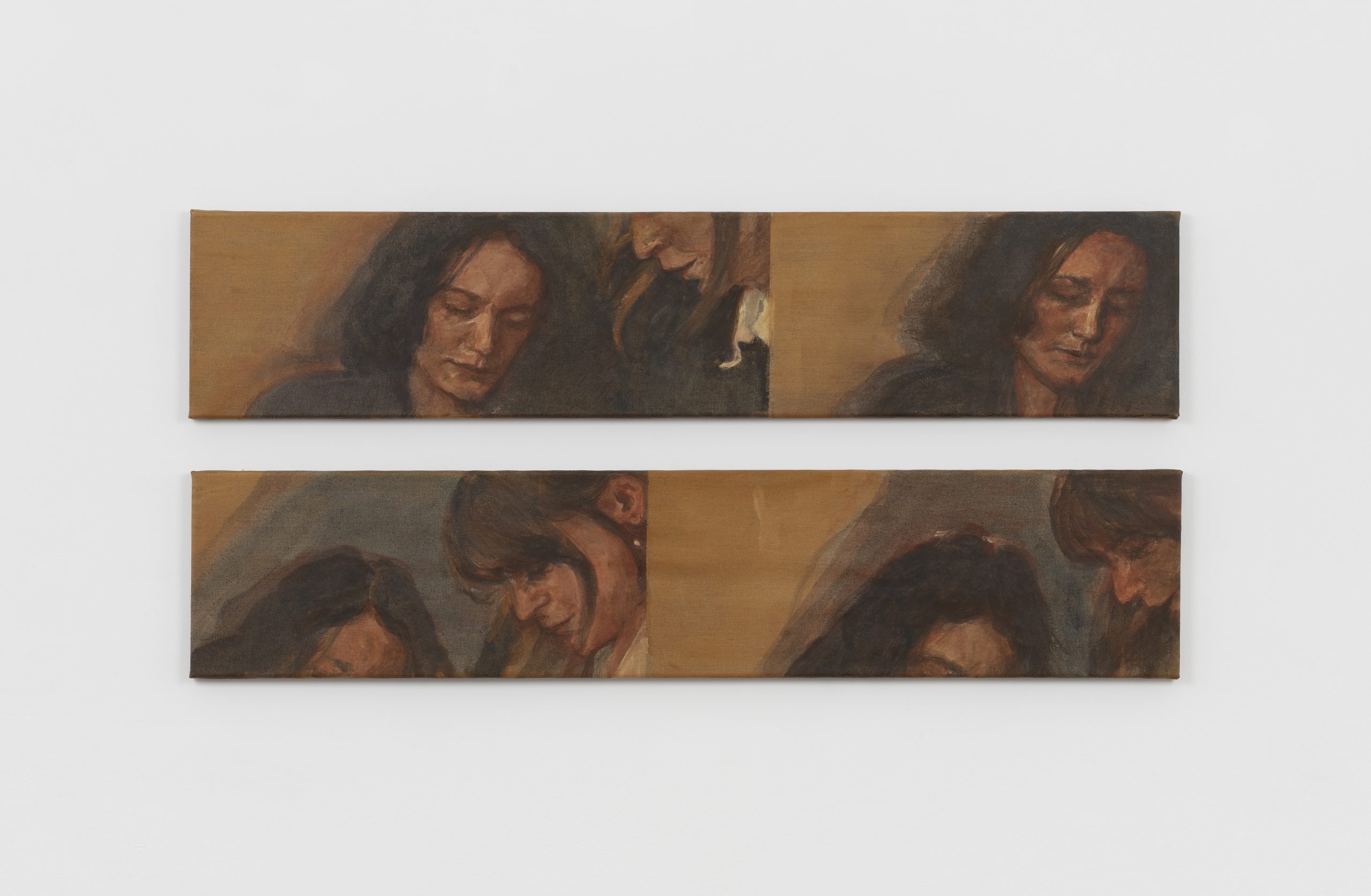 Painting by Cécile Lempert. Diptych, double portrait moving between the same scene, variations in cropping and gestures, like fleeting moment.