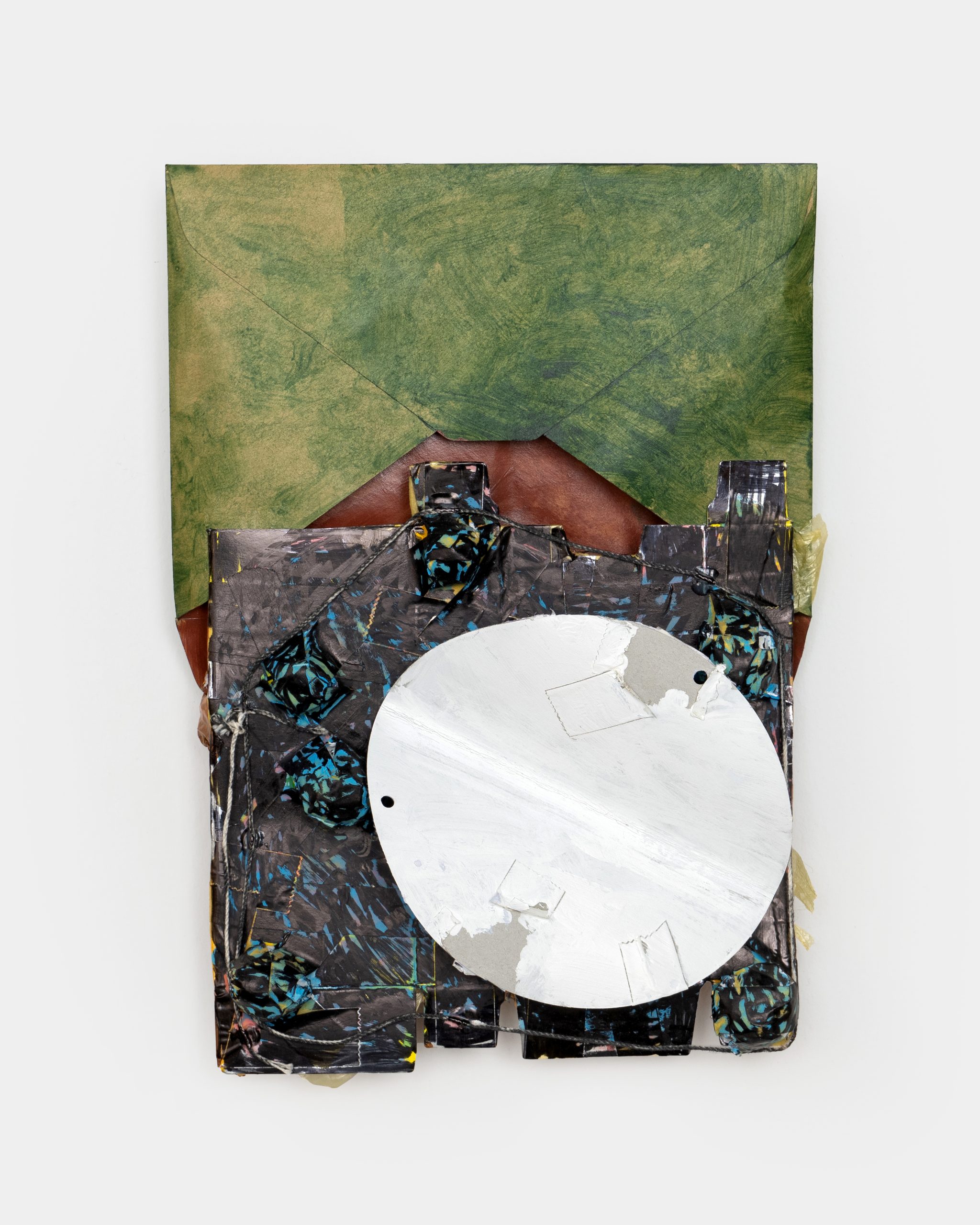 Miho Dohi's butter 111. Made with paper, tape, acrylic, and other materials. Green and reflective white and terra-cotta with other muted colors.