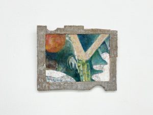 Miho Dohi work on white wall, made with Acrylic, cloth and wood panel