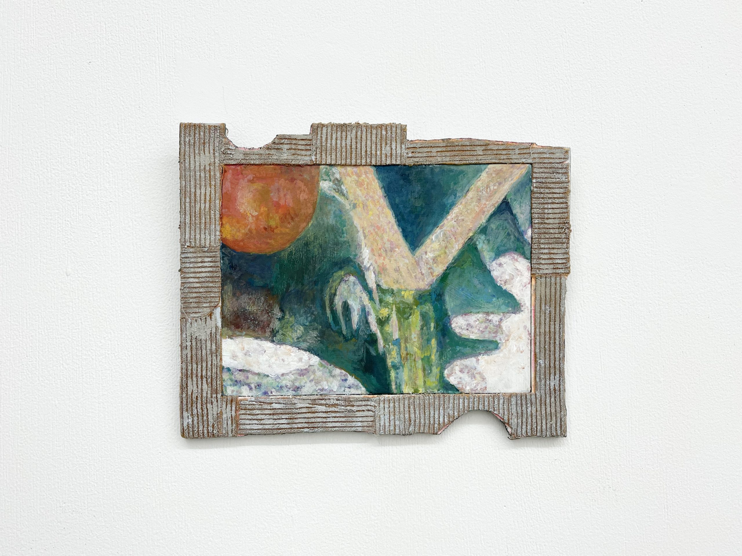 Miho Dohi work on white wall, made with Acrylic, cloth and wood panel