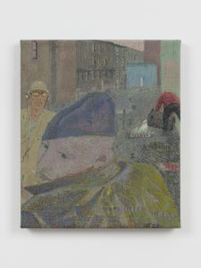 Painting by Sasha Brodsky. Portrait of man with hat looking back in green undertones. Pastel marks on top.