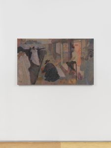 Painting by Sasha Brodsky. Crowd of people in coral undertones. Pastel marks on top.