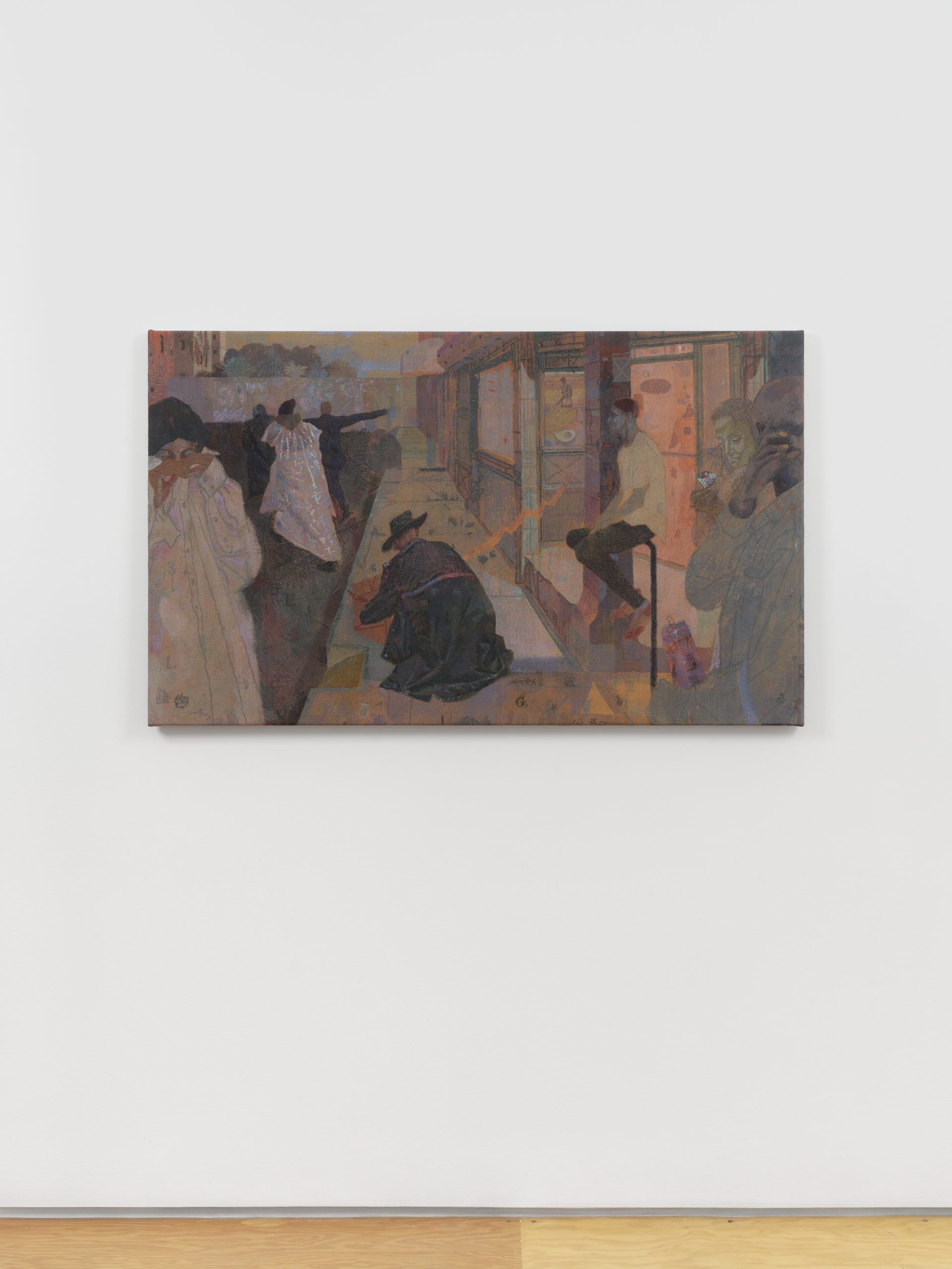 Painting by Sasha Brodsky. Crowd of people in coral undertones. Pastel marks on top.