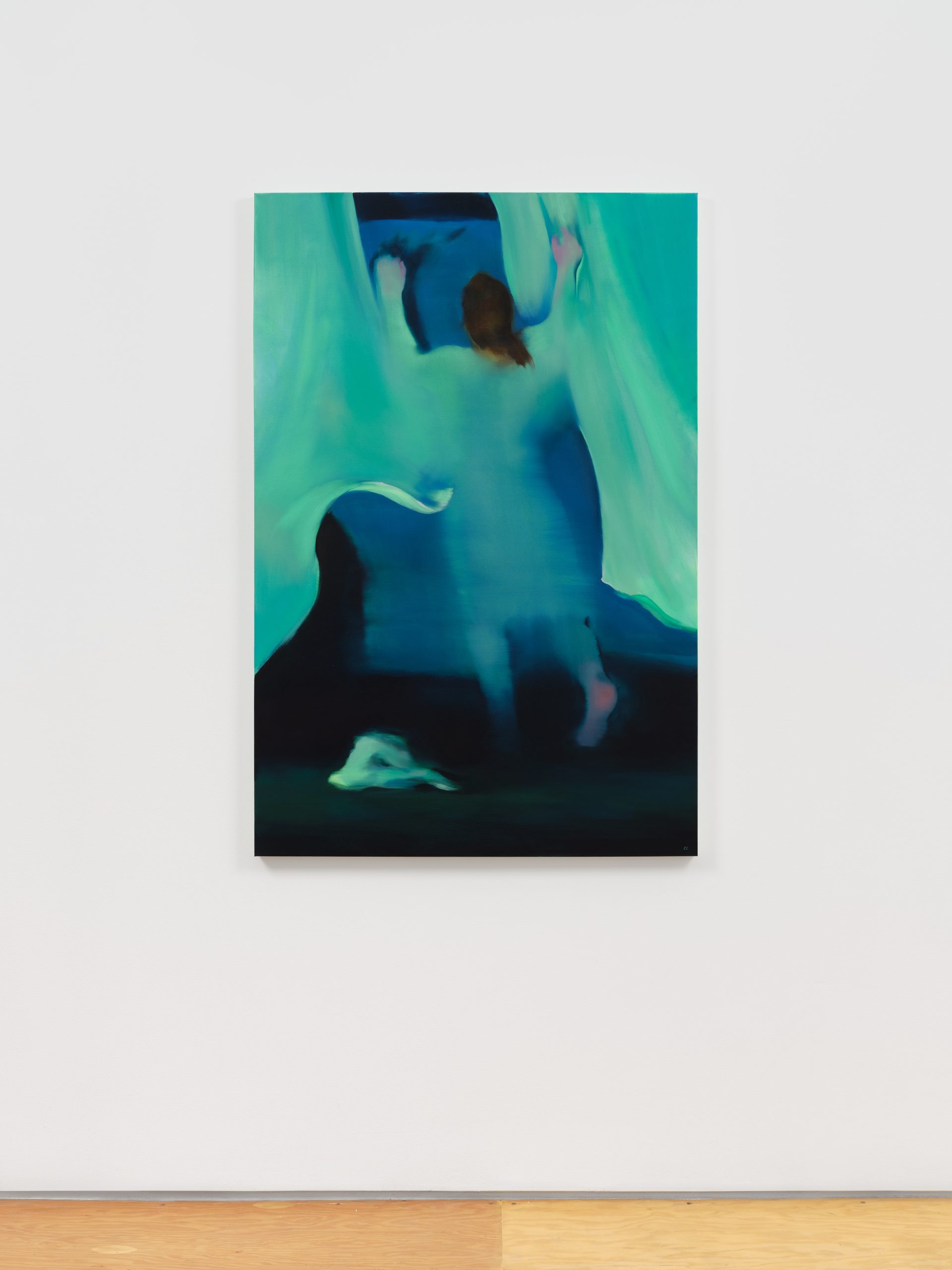 Teal and navy painting of a blurred, upright figure with raised arms in front of dark, wave-like shapes.