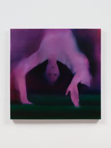 Purple-hued painting of an upside-down, pale figure reaching toward the ground.