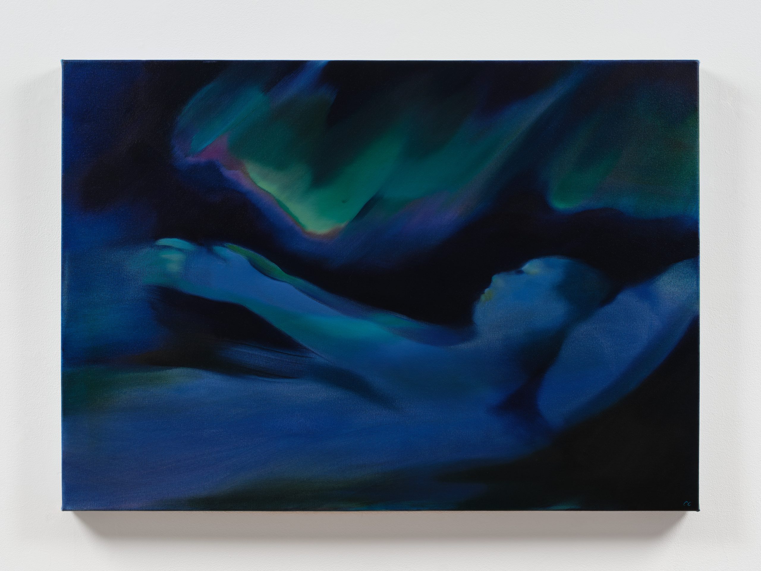 Blue-toned painting of a reclining figure reaching upward toward a blurred, hovering form.