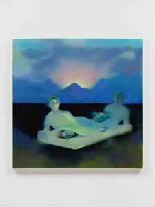 A misty, dreamlike scene shows pale figures reclining on a bed adrift in a dark, open expanse, with deep-blue clouds and a radiant horizon behind a distant peak.