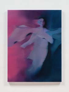 Dreamlike painting of a pale, floating figure with ribbon-like forms against a split pink-and-blue background.
