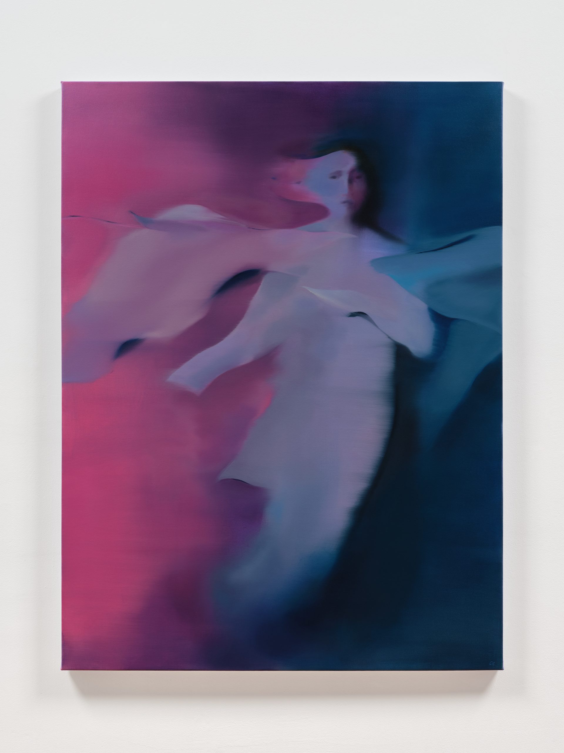 Dreamlike painting of a pale, floating figure with ribbon-like forms against a split pink-and-blue background.