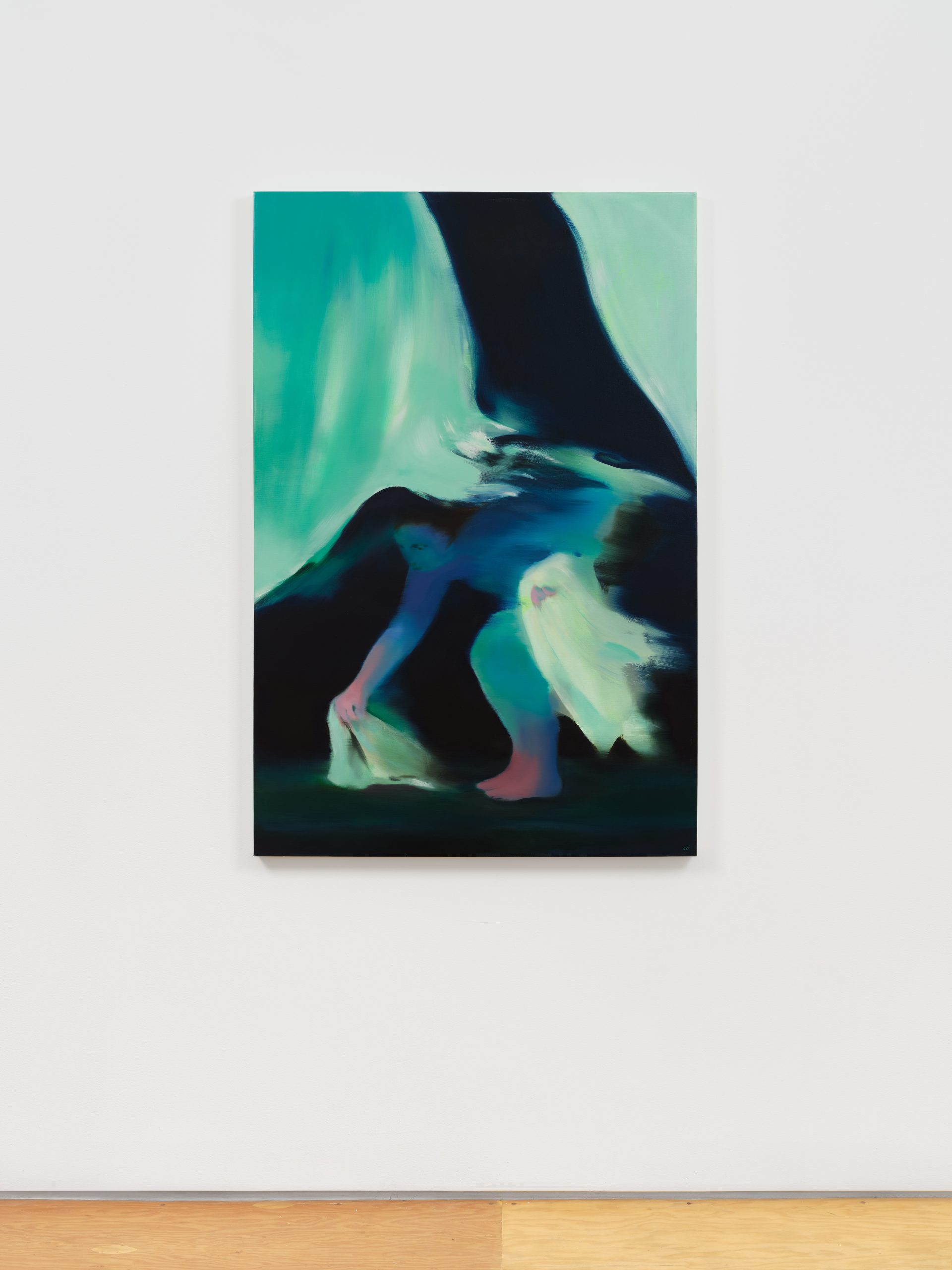 Teal-and-black painting of a blurred figure bending down, holding a white cloth amid sweeping, wing-like shapes.
