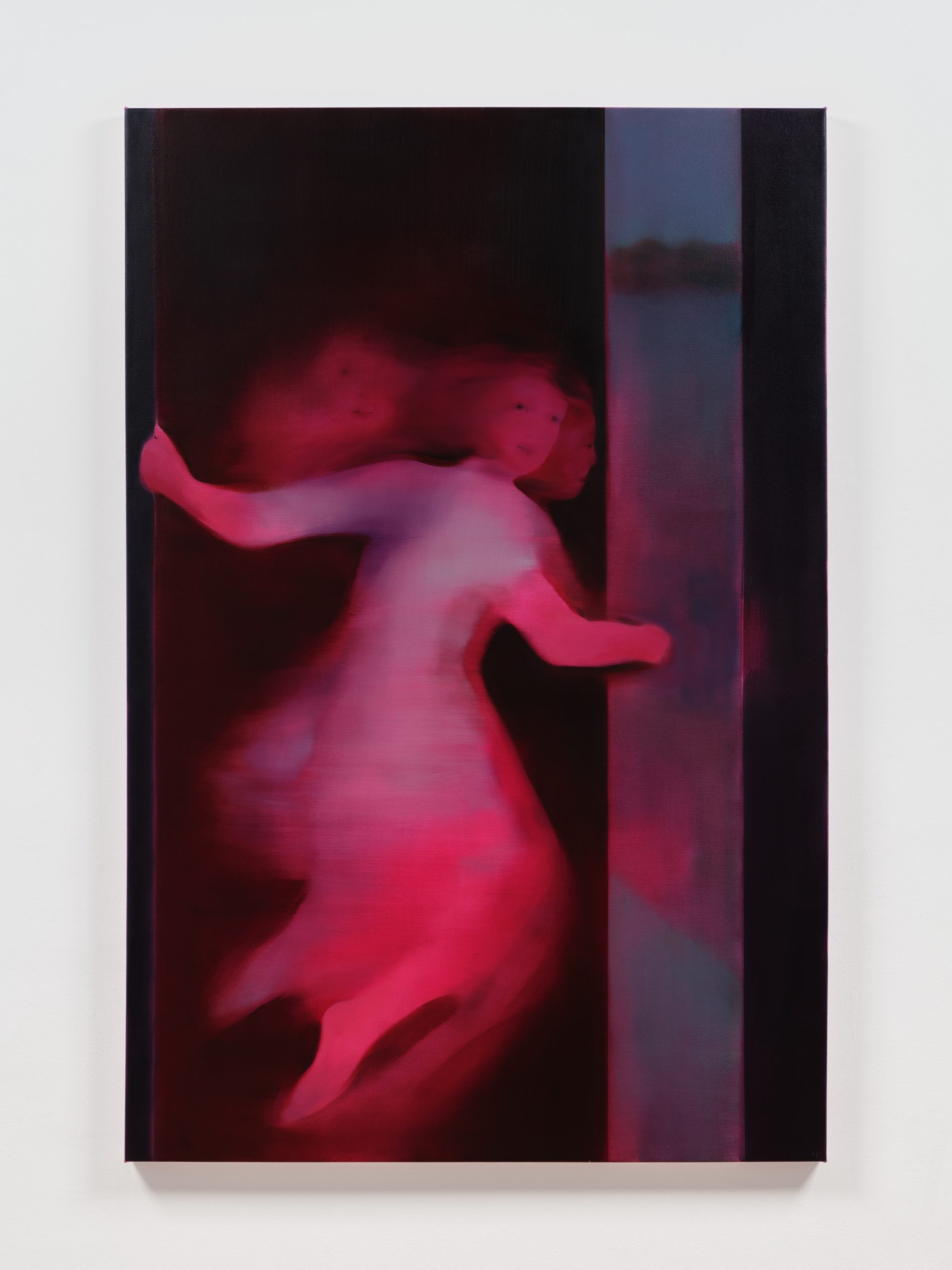 Magenta-toned painting of a blurred figure in motion beside a tall, dark doorway or window.