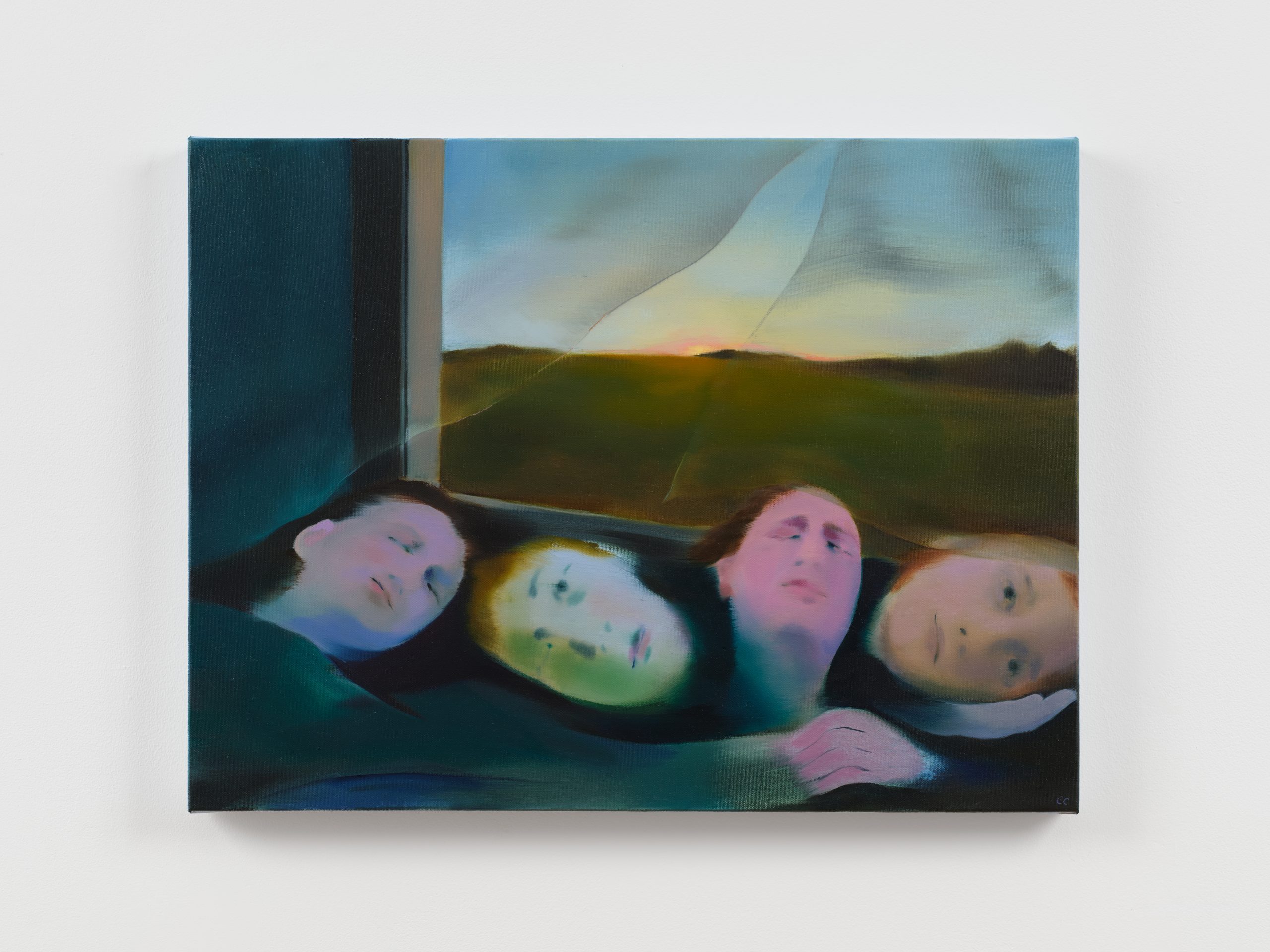Soft-focus painting of four faces nestled together beneath a window showing dusk-lit hills.