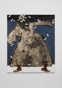 A surreal painting of a headless female figure in a voluminous patterned dress, standing against a deep blue and black background. The figure’s arms stretch outward, and thin yellow geometric outlines frame parts of the body and dress. White moths or butterflies flutter across the composition, some overlapping the figure. Only the lower legs and feet are visible beneath the dress, clad in reddish stockings and brown shoes.