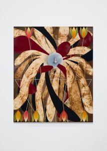 A surreal floral painting with layered cream, black, and deep red petal-like forms radiating around a pale blue circular center that contains a small, realistic nose. Thin stems rise and hang across the composition, ending in tulip-shaped blooms in shades of yellow, orange, and pink along the top and bottom edges. A faint geometric outline sits behind the flower-like mass, adding to the dreamlike, collage-like feel.