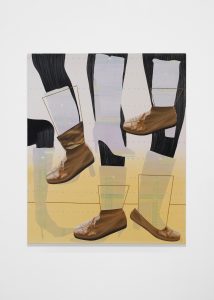 A surreal, collage-like painting showing several disembodied lower legs and feet scattered across the canvas, many wearing soft brown ankle boots. The legs are rendered in pale translucent tones and outlined with thin angular lines, set against sweeping black vertical shapes and a warm cream-to-yellow background dotted with faint marks. The composition feels fragmented, as if multiple figures or shadows are overlapping in motion.