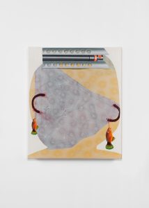 An abstract painting with a soft yellow and white background, centered on a large pale gray organic shape patterned with faint circular marks. At the top, a horizontal metallic bar with evenly spaced round holes frames a black cylindrical object with orange accents. On each side of the central shape, a dark curved hook hangs downward, each suspending a small bright orange fish with green fins.